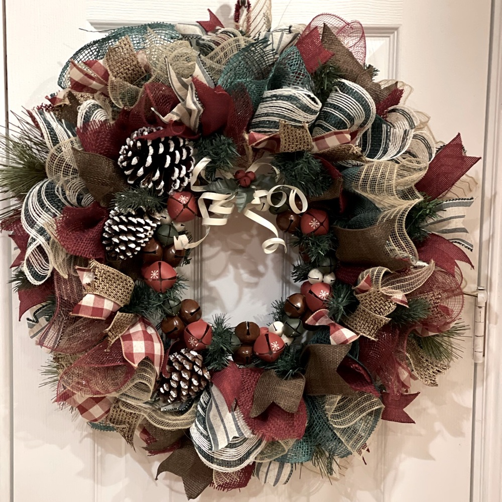 WREATH - RUSTIC WINTER WREATH 24” very very full with VINTAGE JINGLE BELLS!